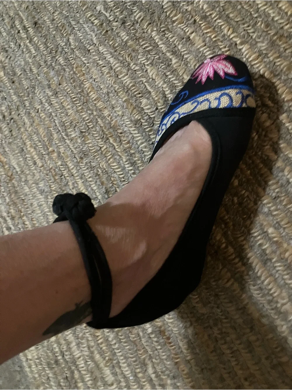 Black Embroidered Wedge Slip-On with Colorful Floral Accent!